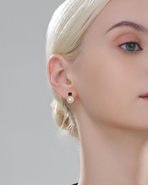 Akoya Pearl Green Zirconia Sasha Stud Earrings - 18K Gold Vermeil
