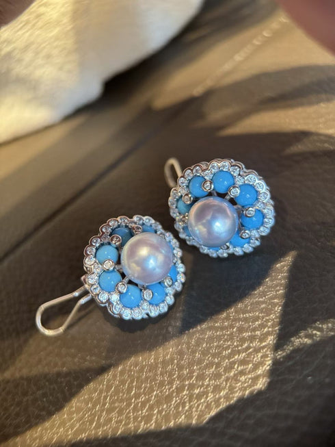 Flower Turquoise Pearl Stud Earrings