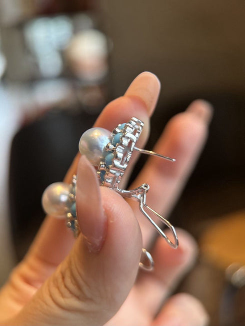 Flower Turquoise Pearl Stud Earrings