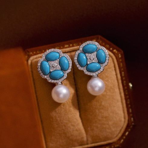 Floral Blue Turquoise Pearl Drop Earrings