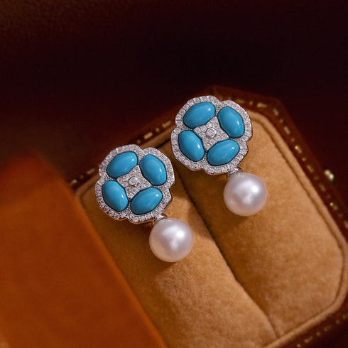 Floral Blue Turquoise Pearl Drop Earrings
