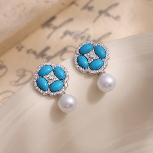 Floral Blue Turquoise Pearl Drop Earrings