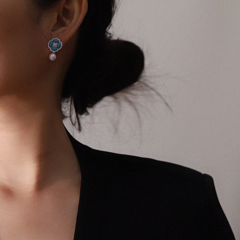 Floral Blue Turquoise Pearl Drop Earrings