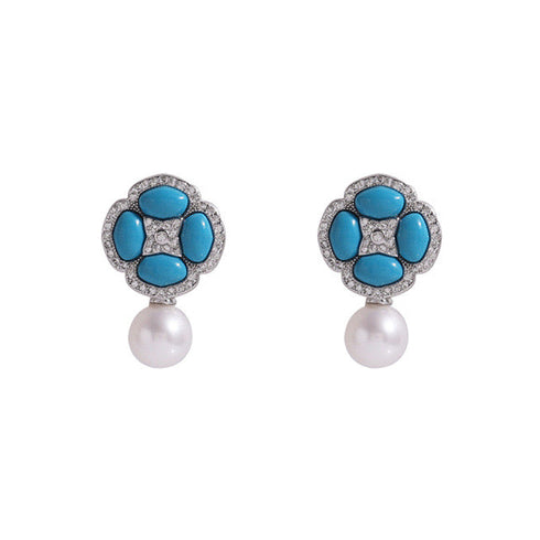 Floral Blue Turquoise Pearl Drop Earrings