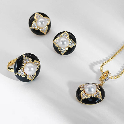 Vintage Black Floral Pearl Stud Earrings / Ring / Necklace – Sterling Silver / Gold Vermeil