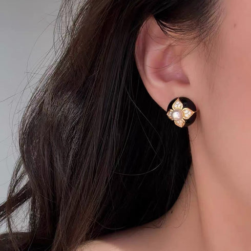Vintage Black Floral Pearl Stud Earrings / Ring / Necklace – Sterling Silver / Gold Vermeil