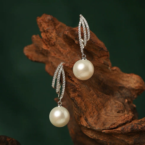 Elegant Pearl Drop Zirconia Stud Earrings - Sterling Silver