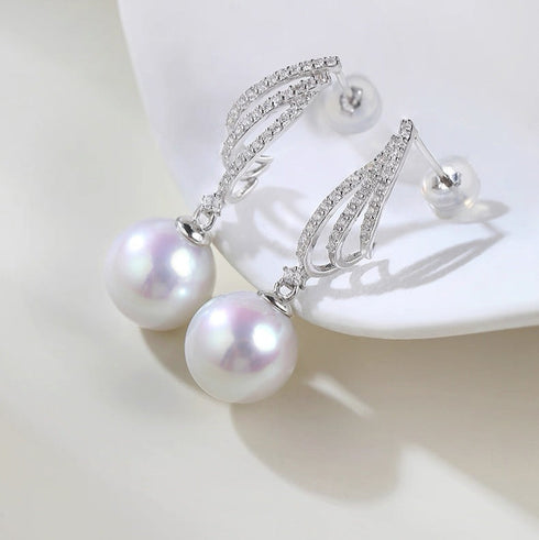 Elegant Pearl Drop Zirconia Stud Earrings - Sterling Silver
