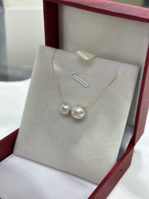 Dual White Akoya Pearl Pendant Necklace - 18K Solid Gold