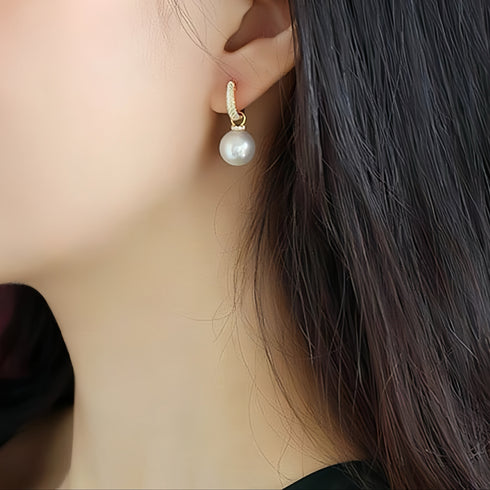 Power Edison Pearl Zirconia Hoop Earrings - White/ Purple Color with Versatile Design