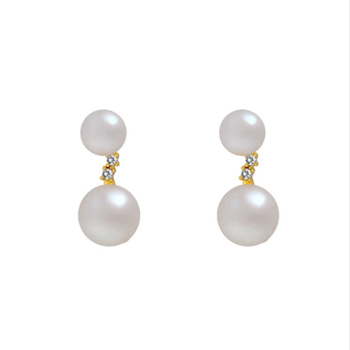 Elegant Dual Pearl Zirconia Stud Earrings - Gold Vermeil