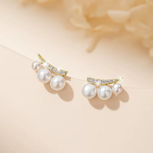 Crescent Moon Pearl Gradient Stud Earrings - Gold Plated
