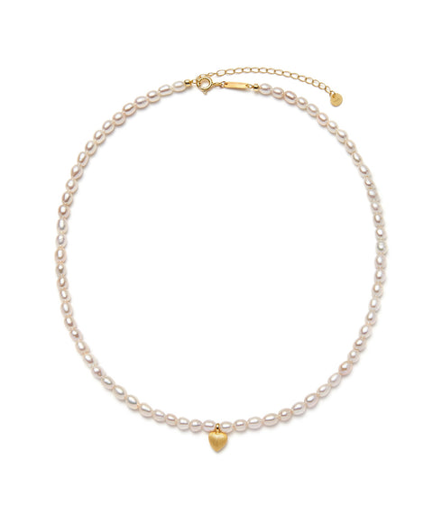 Gold Heart Pendant Rice Pearl Beaded Necklace