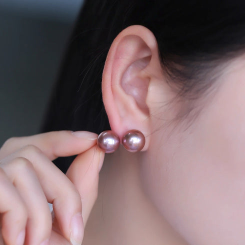 Purple Round Pearl Stud Earrings