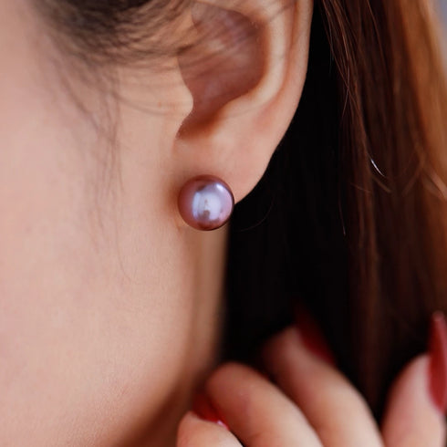 Purple Round Pearl Stud Earrings