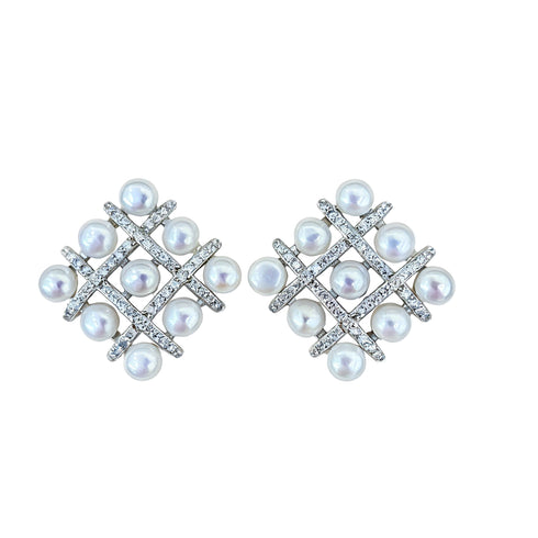 Radiant Grid Pearl Stud Earrings - Sterling Silver