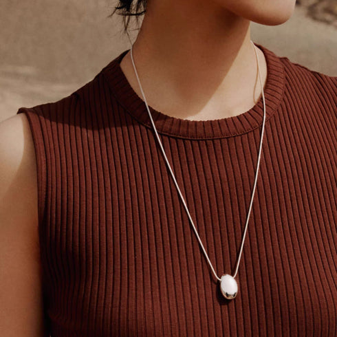 Minimal Oval Pendant Long Necklace - Solid Silver