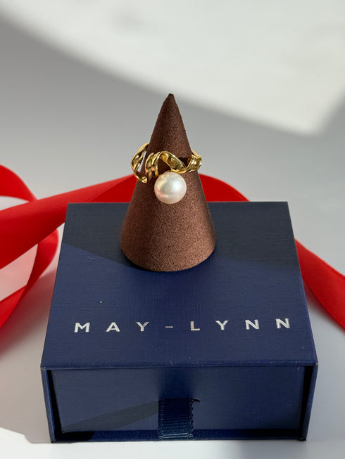 Fluid Wave Freshwater Pearl Open Ring - Gold Vermeil