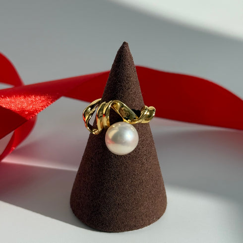 Fluid Wave Freshwater Pearl Open Ring - Gold Vermeil