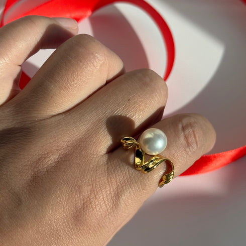 Fluid Wave Freshwater Pearl Open Ring - Gold Vermeil