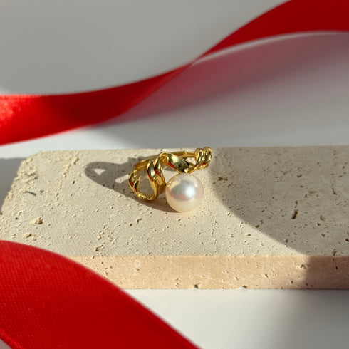 Fluid Wave Freshwater Pearl Open Ring - Gold Vermeil