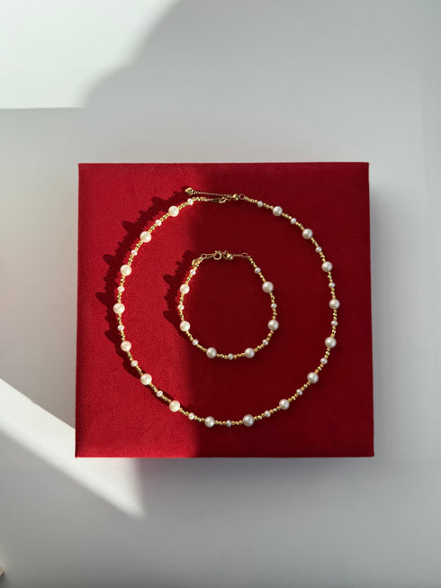 Pearl Gold Bead Necklace & Bracelet Set