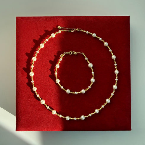 Pearl Gold Bead Necklace & Bracelet Set