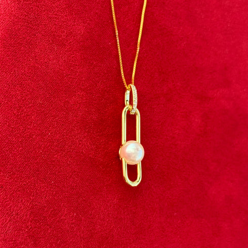 Modern Link Pearl Pendant Necklace - Gold Vermeil