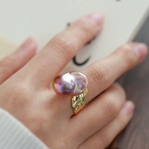 Cessie Bold Purple Baroque Pearl Gold Lava Ring