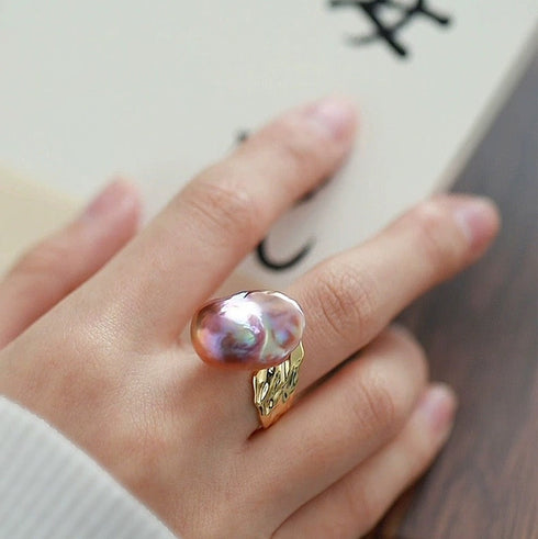 Cessie Bold Purple Baroque Pearl Gold Lava Ring