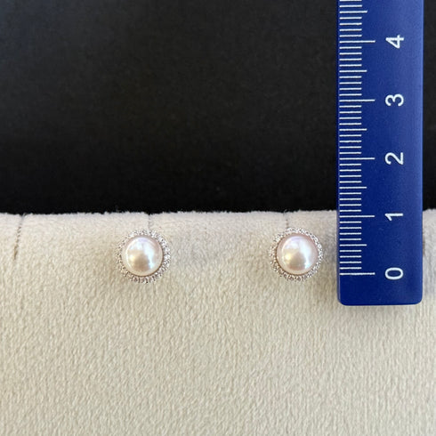 Akoya Pearl Sunflower Zirconia Stud Earrings -Sterling Silver