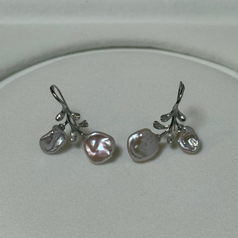 Petal Baroque Pearl Flower Hook Earrings - Sterling Silver