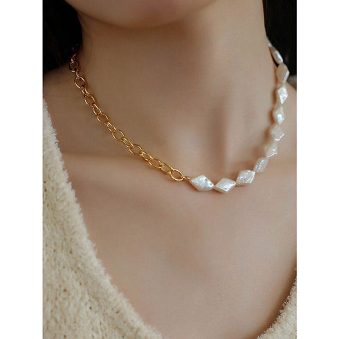 Rhombic Freshwater Baroque Pearl Gold Chain Necklace
