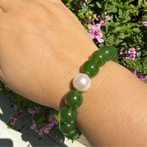 Jade Green 12–13mm Freshwater Pearl & Jade Green Bracelet