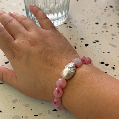 Pink Cloudy Quartz Baroque Pearl Bracelet