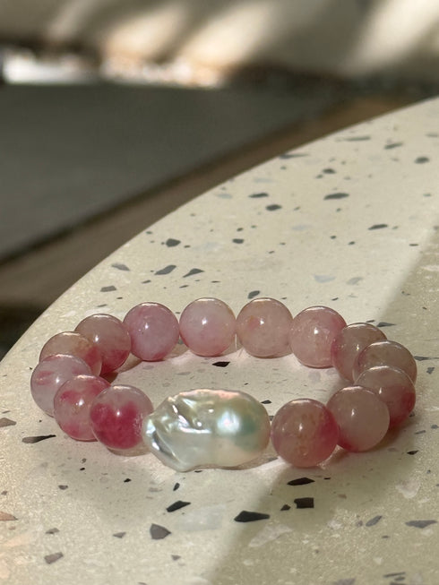 Pink Cloudy Quartz Baroque Pearl Bracelet