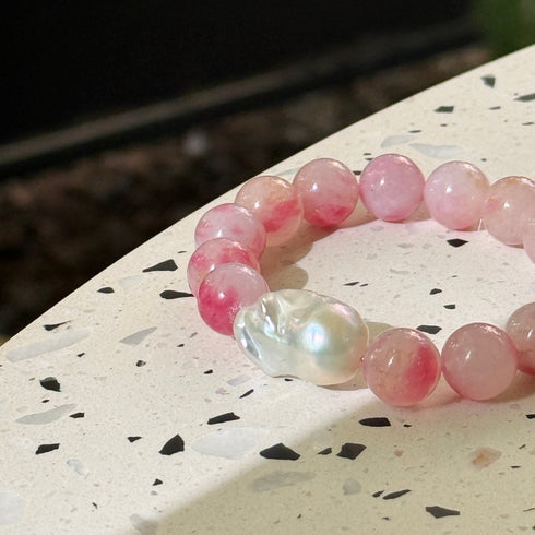 Pink Cloudy Quartz Baroque Pearl Bracelet