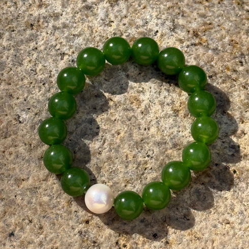 Jade Green 12–13mm Freshwater Pearl & Jade Green Bracelet