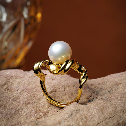 Fluid Wave Freshwater Pearl Open Ring - Gold Vermeil