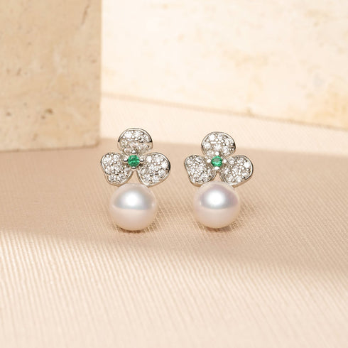 Floral Leaf Green Zirconia Pearl Earrings - Natural Beauty
