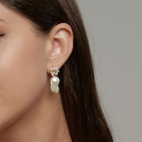 Freshwater Pearl Baroque Drop Cluster Floral Earrings