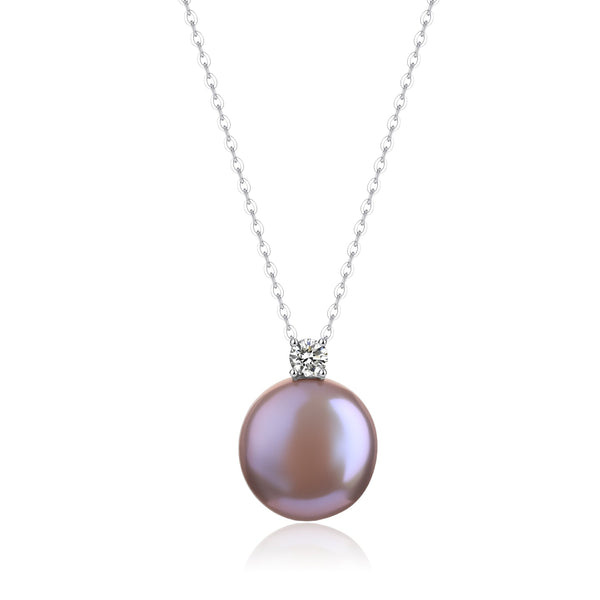Purple Coin Pearl Pendant Necklace with Cubic Zirconia