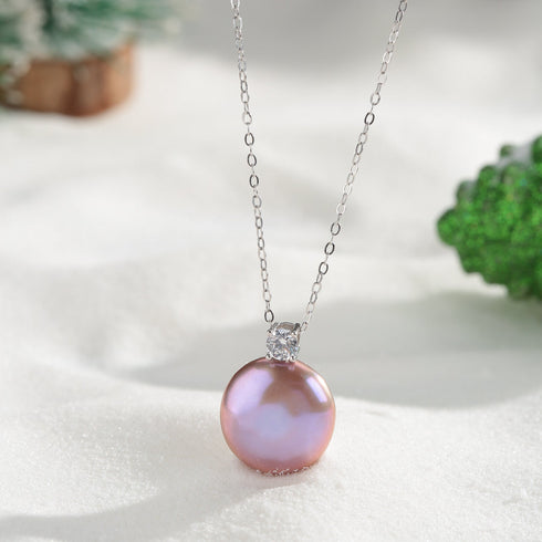 Purple Coin Pearl Pendant Necklace with Cubic Zirconia