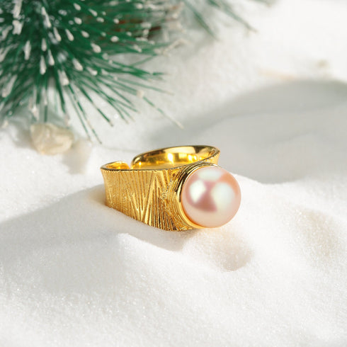 Chic Pink Pearl Wide Gold Open Ring - 18K Gold Vermeil