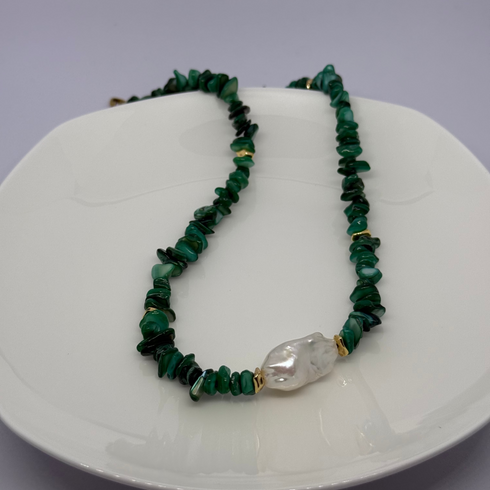 Large Baroque Pearl Black/ Green Gemstone Necklace