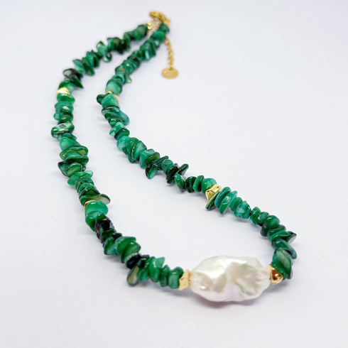 Large Baroque Pearl Black/ Green Gemstone Necklace