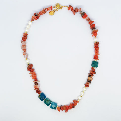 Orange & Blue Gemstone Pearl Necklace