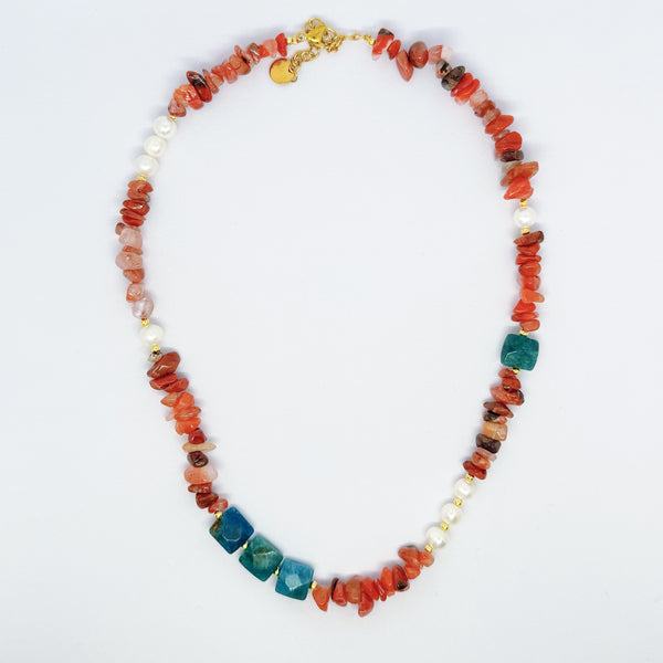 Orange & Blue Gemstone Pearl Necklace