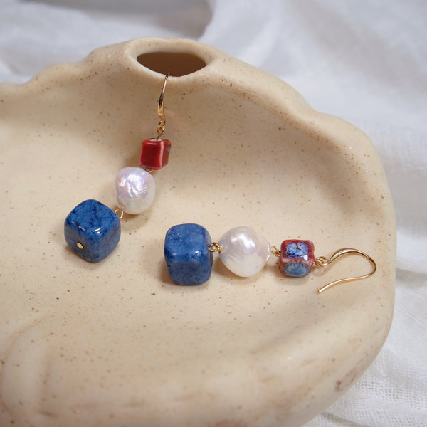 Colorful Cube Pendant Baroque Pearl Earrings – Rustic Charm & Unique Style