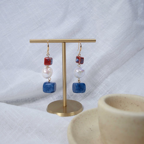 Colorful Cube Pendant Baroque Pearl Earrings – Rustic Charm & Unique Style